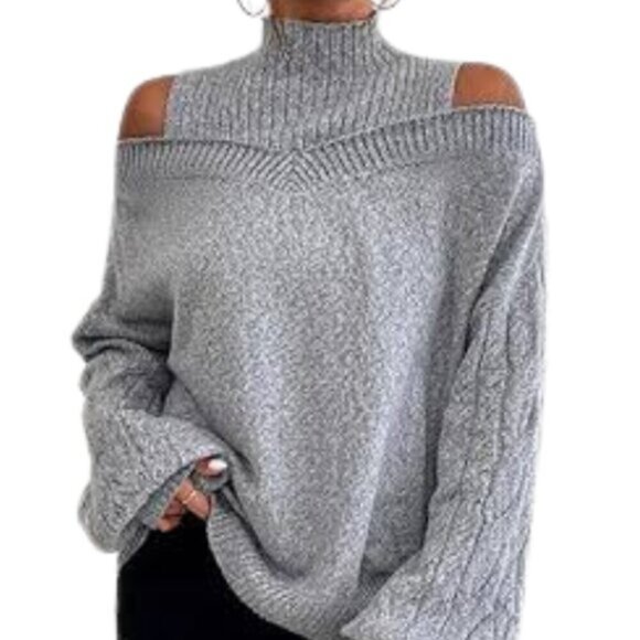 Sweaters - Plus Size 2X Cold Shoulder Fisherman Knit Mock Neck Sweater Chunky Bell Sleeve